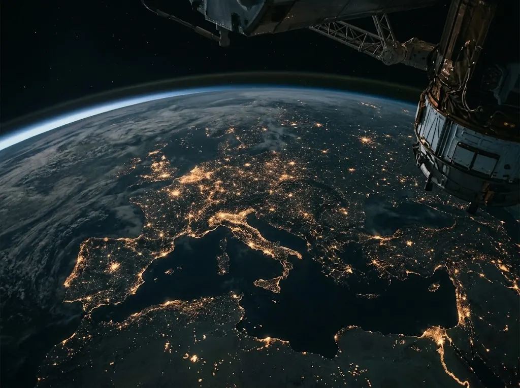 Europe at night seen from orbit, city lights traced across the continent