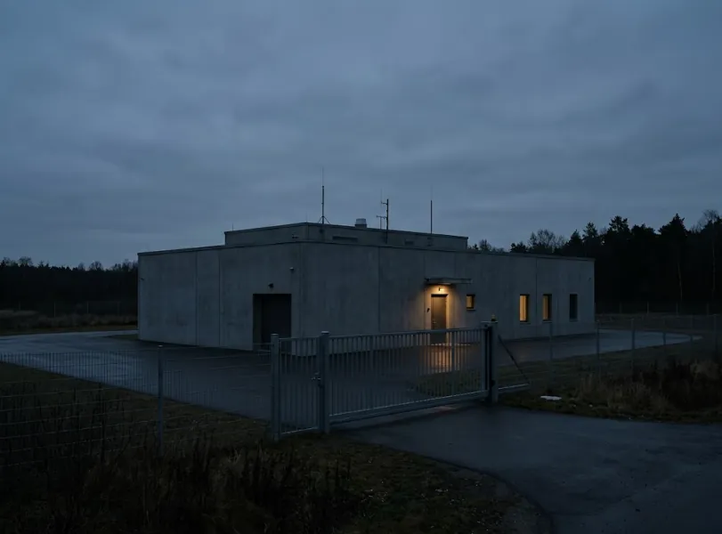 A fenced concrete facility with antennas on the roof, lit at dusk