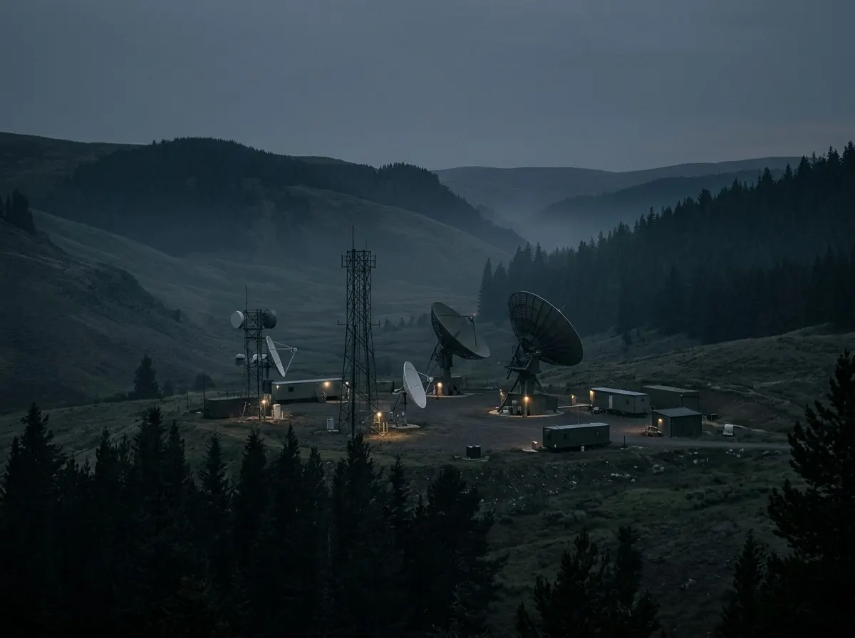 A sensor station with satellite dishes in a forested valley at dusk