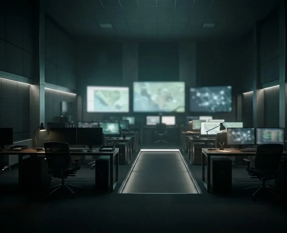 A darkened operations room with wall screens and analyst desks