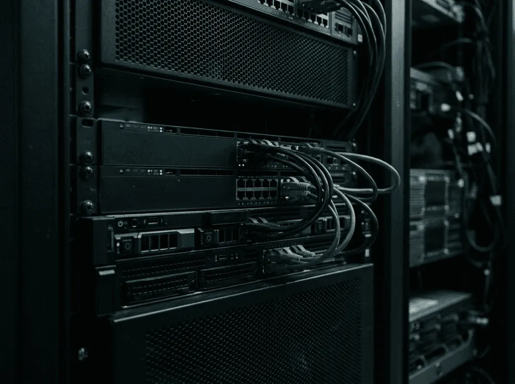 A server rack with cabled network equipment in low light